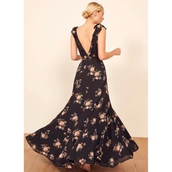 Reformation Peppermint Dress‎ Clarice Floral Black Maxi Ruffle Sleeves Small NWT - Picture 2 of 8